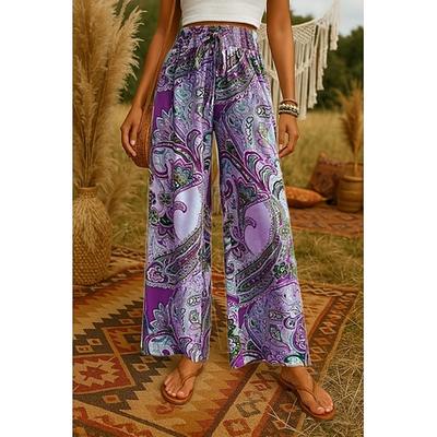 Damen Weites Bein Hosen Hose Böhmische Lässig Lang Hohe Taille Einfach Drucken Elastisches Kordelzugdesign Hoher Schnitt Atmungsaktivität Weich Mikroelastisch Urlaub Straße Alltagskleidung Gelb