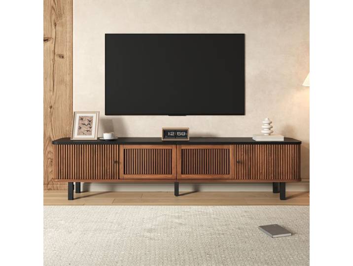Meuble TV - KOMHTOM - 190x35x45 cm - Portes coulissantes - Façade grillagée - Finition noyer