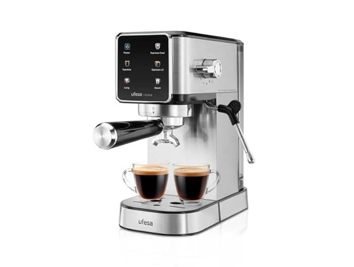 Ufesa Arona Espressomaschine 1350W mit Farbigem Touchpanel, 20 Bar, Espresso-Cool-Funktion, Verstellbare Dampfdüse, 1L Wassertank, Metall-Siebträger, Kompaktes Design, Kalter Kaffee