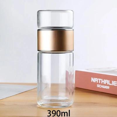 Inspire Curations BrewEase 420ml Glass Tea Cup With Infuser Double Wall Travel Tea Mug For Office & Outdoors gold