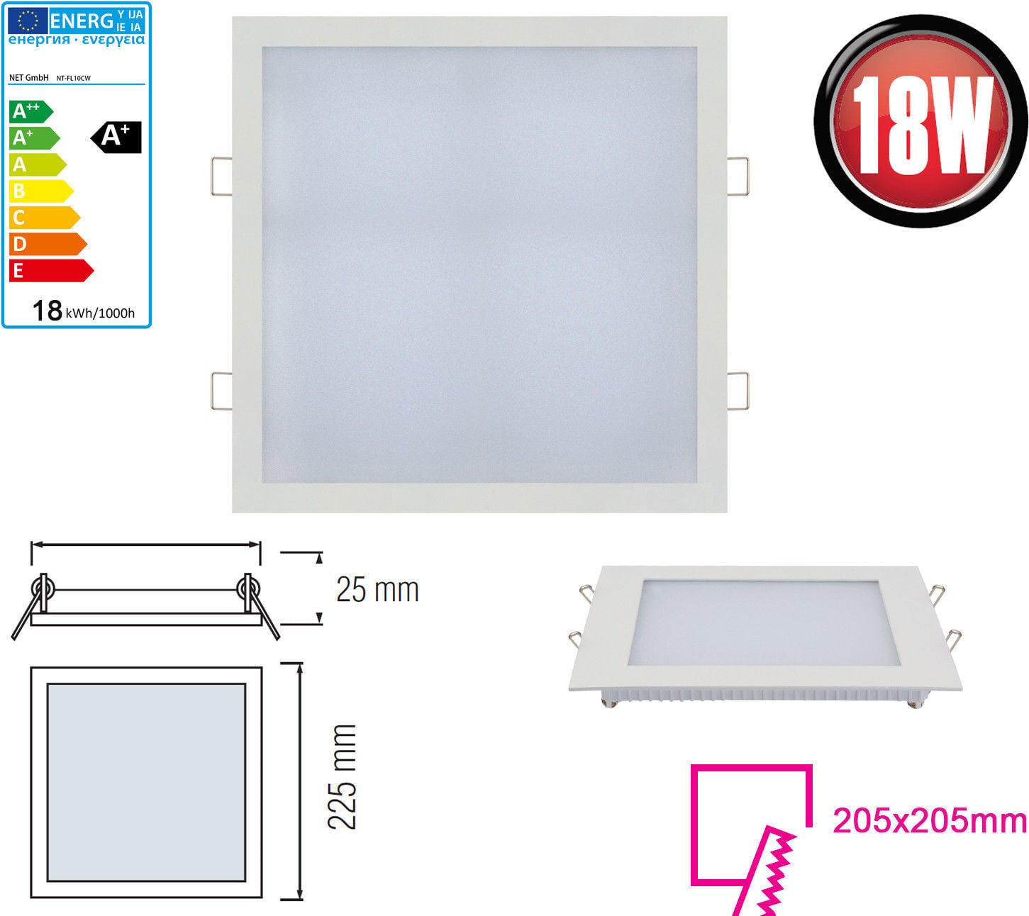Braytron LED inbouwspot 18W warmwit vierkant 225x225 mm