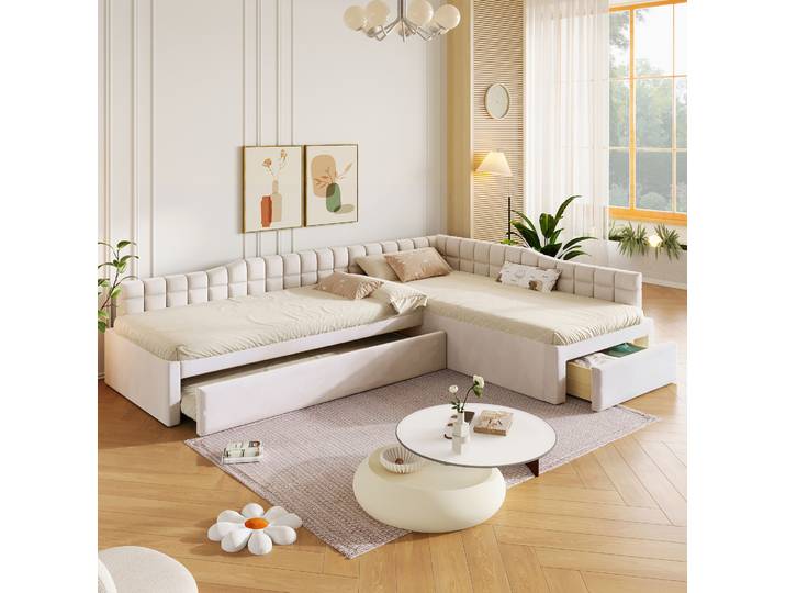 Lit D’angle Capitonné 90x200 Cm Beige Avec Lit Gigogne Et Tiroirs