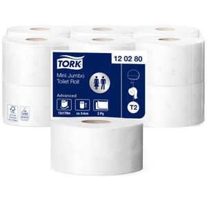 Tork Toilettenpapier Mini Jumbo Advanced, 120280, T2, 2-lagig, Recyclingpapier, 850 Blatt, 12 Rollen
