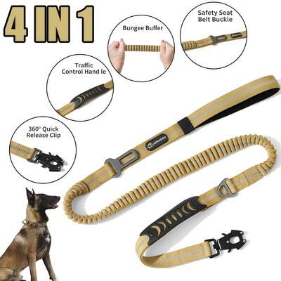 Uplift Essentials Heavy Duty Tactical Bungee Dog Leash Reflective Shock Absorbing Lead With Car Seatbelt long Black