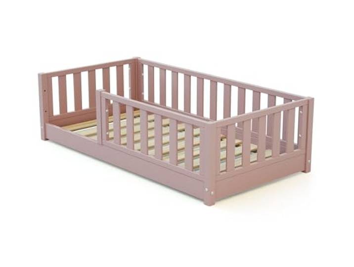 JURABABY - SONHO MINI Kinderbett bodenbett aus Holz 70 x 140 cm - Puderrosa Mit abnehmbarem Seitengitter Links oder rechts Kinderbett mit Lattenrost