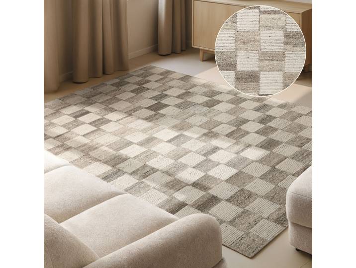 vikosa Quadra rechteckig 15 mm Höhe Handgemacht, Kariert, Karo, Natur, Wolle, Wohnzimmer,Schlafzimmer