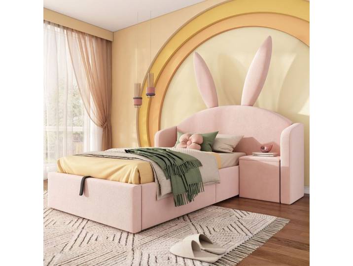 Lit coffre enfant - WESTYLE - Lit Coffre 90x190 Velours Rose Lapin - Velours rose - Oreilles de lapin - Coffre hydraulique