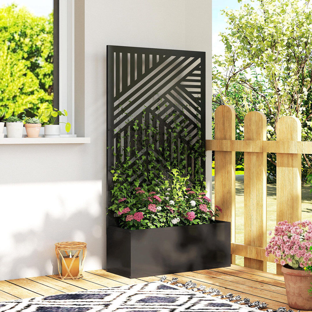Metro Outsunny Metal Garden Bed with Trellis, Geometric Slatted Cut-out Black 113cm H X 61cm W X 23cm D