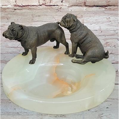 Bronzhaus Bronze Bulldog Pug Dog Figurines On Marble - Soap Dish Ashtray Handmade Art