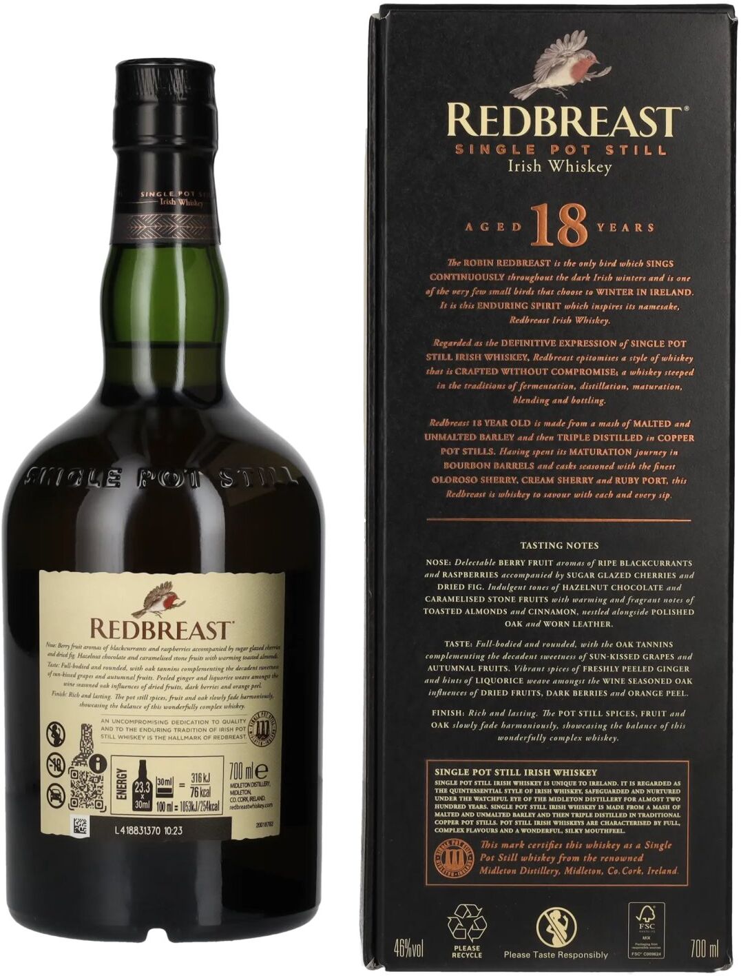 Redbreast 18 Years Old Single Pot Still Irish Whiskey 46% Vol. 0,7l in Geschenkbox