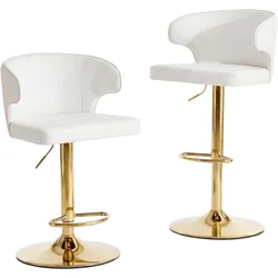 BARHOCKER 2er Set Weiß PU-Leder Höhenverstellbar mit Lehne & Fußstütze