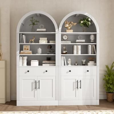Kodotan sofa Arched Bookshelf Suite with Storage Cabinet,FreestandingTall Display Bookcase with Drawer Doors and Adjustable Shelves