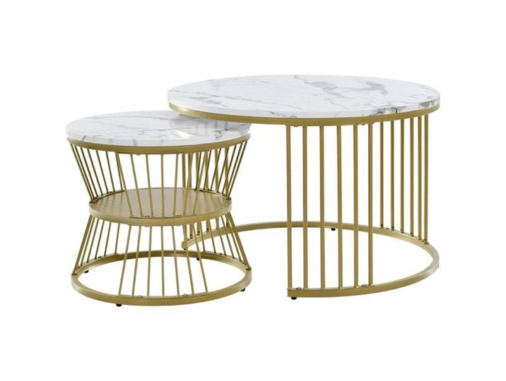 Table basse ronde - Bois Marbre et Pieds Métal - Table basse gigogne - D 70/45 cm x H 45.5/40 cm - Blanc