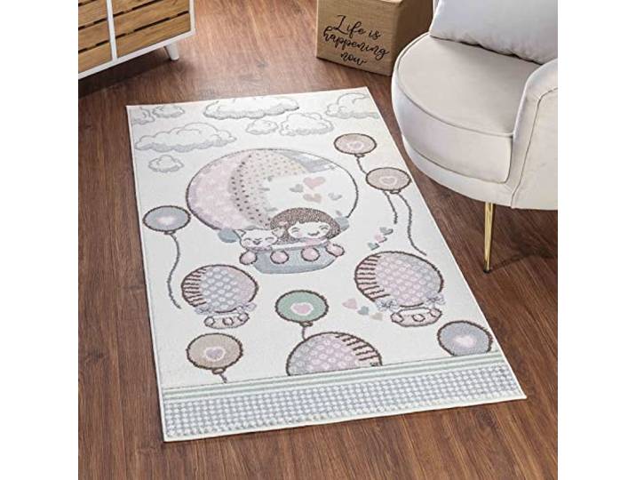 Livabliss Heissluftballon Kinderteppich - Cartoon Teppich 160x213 cm, Teppich Kinderzimmer oder Babyzimmer, Krabbelteppich oder Spielteppich - Baby Teppich für Jungen & Mädchen, Beige, Rosa und Grau