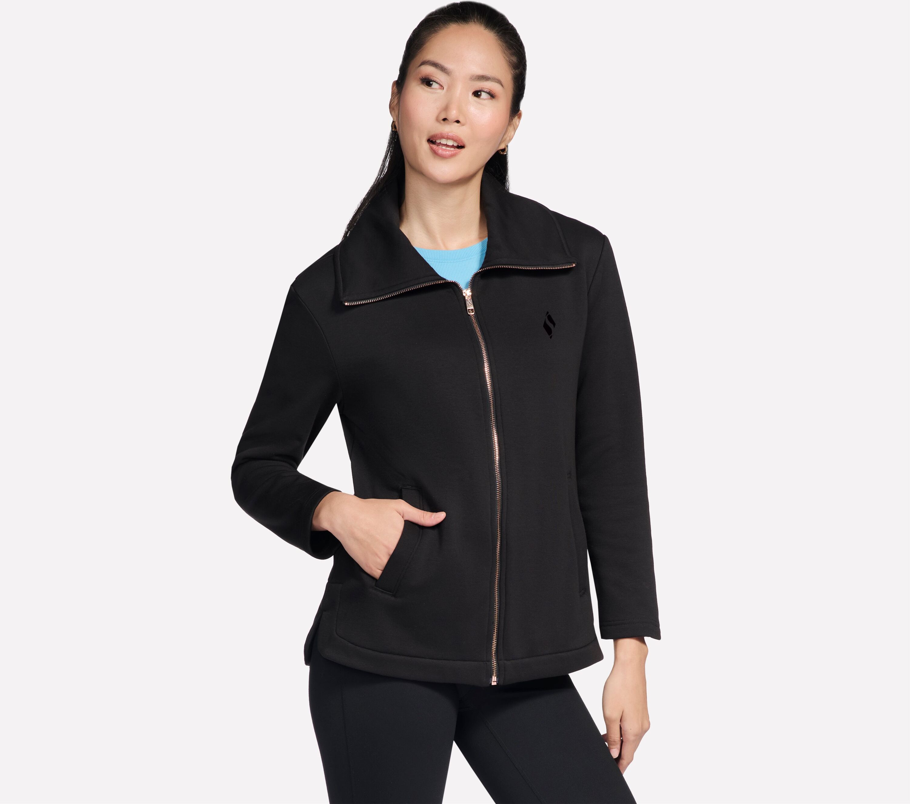 Trainingsjacke SKECHERS "GOSNUGGLE TUNIC FZ JACKET", Damen, Gr. L, schwarz, Obermaterial: 62% Polyester, 35% Baumwolle, 3% Elasthan, Jacken Trainingsjacke, langärmliges Design, mit breitem, umklappbarem Kragen schwarz L