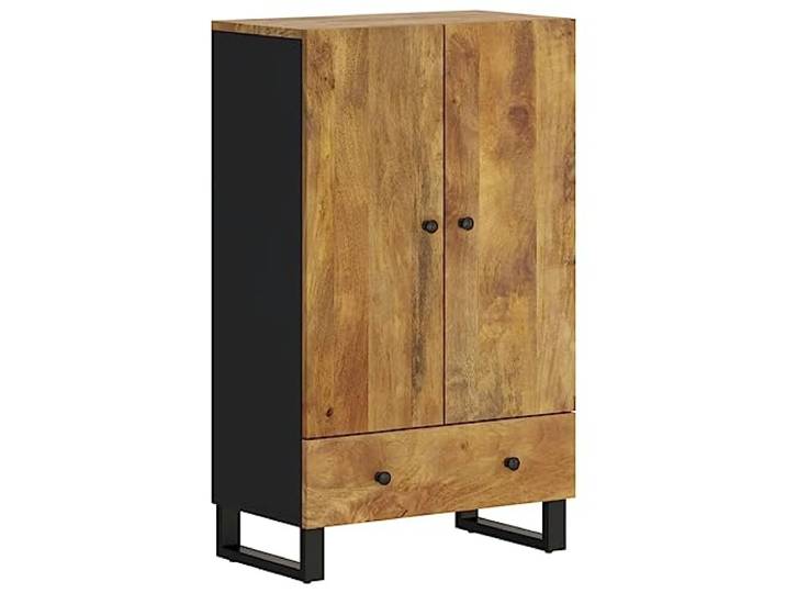 Makastle Highboard 60x33x100 cm Braun Massivholz Mango und Eisen mit 2 Türen und Schublade