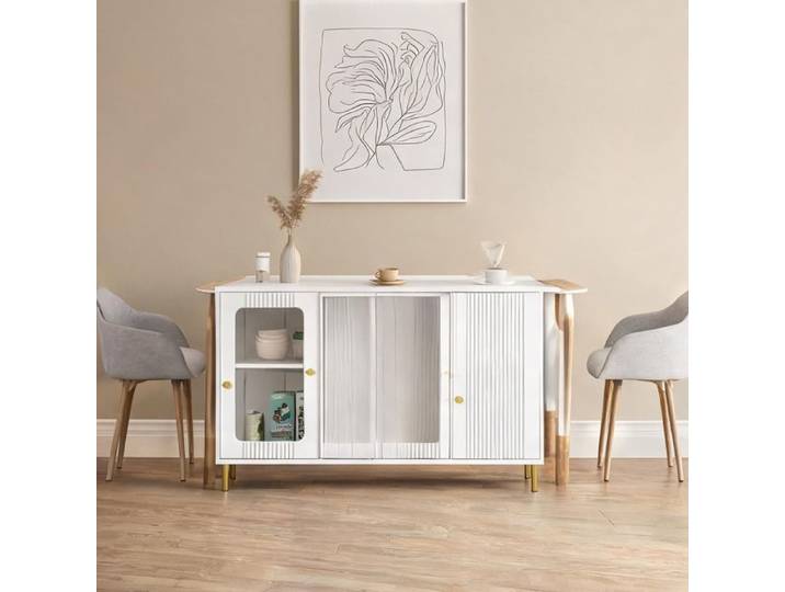 Buffet design soft white et doré avec table extensible rabattable et surface pivotante L 116 cm