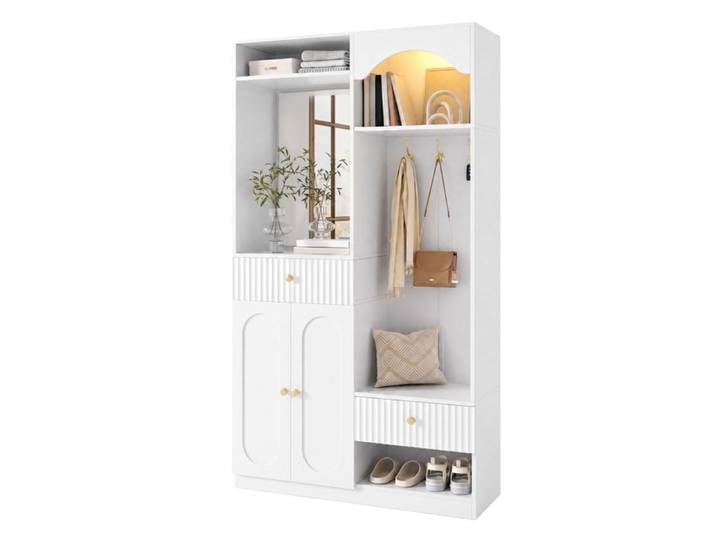 Garde-robe compacte avec miroir et siège Robe-vêtement avec armoire à chaussures et crochets de vêtements Blanc