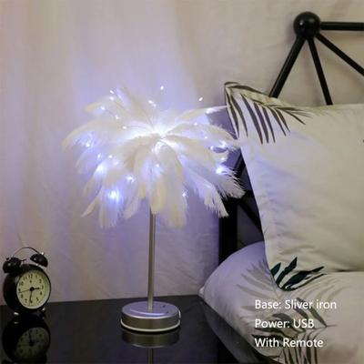 Inspired Living Feather Table Lamp With Remote Control, USB Table Lamp, Warm White LED Bedside Light usb White B