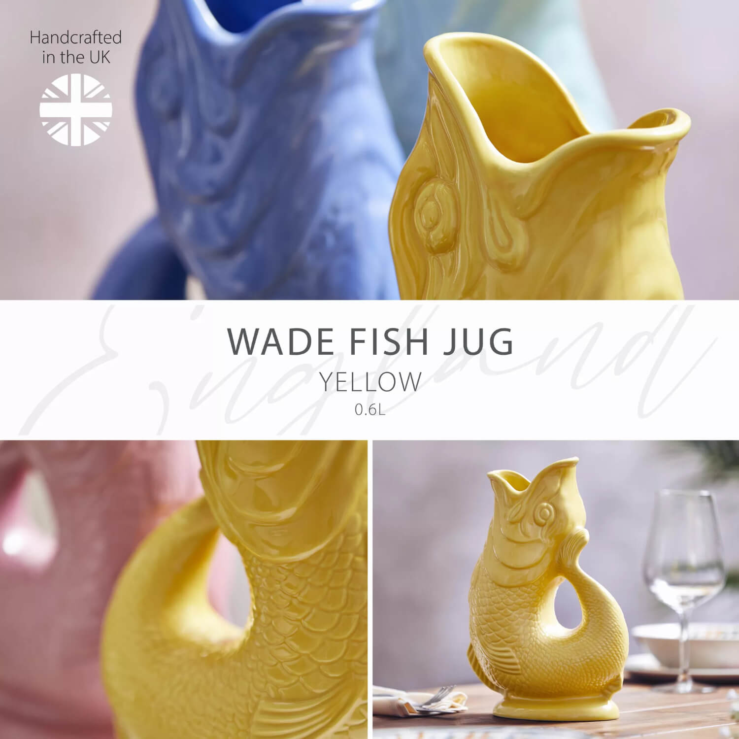 Wade Fish Earthenware 0.6 Litre Gluggle Jug - Yellow