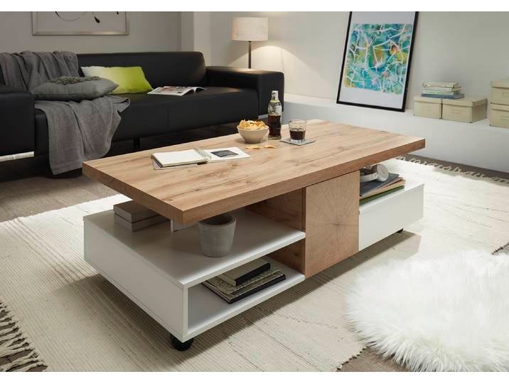 Couchtisch Rennes , auf Rollen , 120x60 , Eichefarben / weiß matt