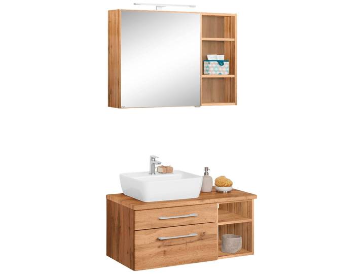 Badmöbel-Set WELLTIME Davos , braun (eichefarben), Becken links, Kastenmöbel-Sets, Badmöbel-Set, Spiegelschrank, Regal und Waschtisch
