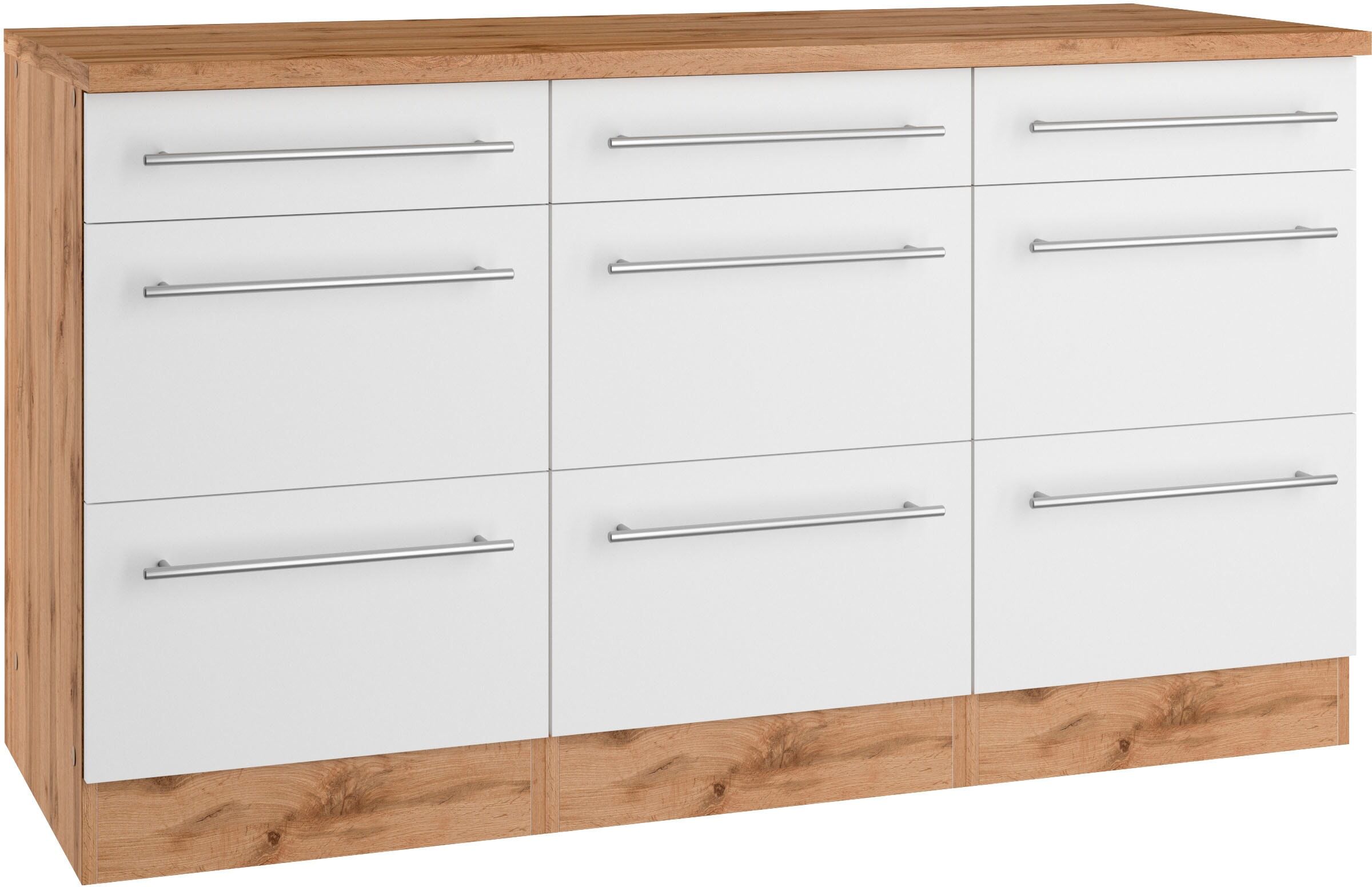 Unterschrank KOCHSTATION "KS-Wien", weiß (weiß, wotaneiche), B:150cm H:85cm T:60cm, Schränke, Unterschrank, edel aussehende gestiftete Fronten