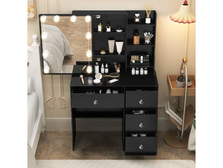 Élégante Coiffeuse en Bois avec Miroir Lumineux : 3 Réglages d'Intensité, Tiroirs et Rangement Caché