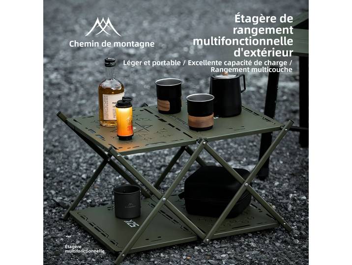 MOUNTAINHIKER Étagère de rangement extérieure à trois niveaux, étagère pliable, étagère de rangement portable pour le camping, le pique-nique, le barbecue, table pliable de jardin