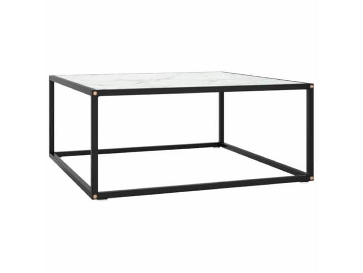 Favemtsl Couchtisch Schwarz Weiß Glas Marmor-Optik 80x80x35 cm Eleganter Sofatisch für Wohnzimmer und Lounge, 5 mm Hartglasplatte, stabiles Stahlgestell, pflegeleichte Abstellfläche.