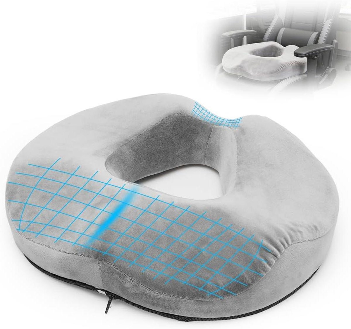 Donut Zitkussen - Orthopedisch Traagschuim Kussen voor Ontlasting - Donkergrijs - B: 42 cm, D: 37,5 cm, H: 9,5 cm
