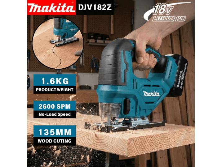Scie sauteuse sans fil Makita DJV182Z 18V 340W sans balais avec poignée cylindrique et lame de scie, sans batterie au lithium