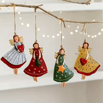 Uplift Curations Vintage Wooden Angel Hanging Ornaments Set For Classic Christmas Decor 4pcs Set F