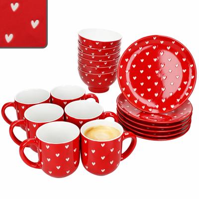 Love 18tlg Frühstücksset Porzellan rot Herzen weiß Teller Becher Schale Geschirr
