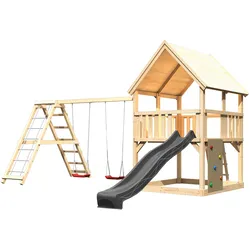 Akubi Kinderspielturm Luis mit Doppelschaukelklettergerüst, Kletterwand und Wellenrutsche anthrazit