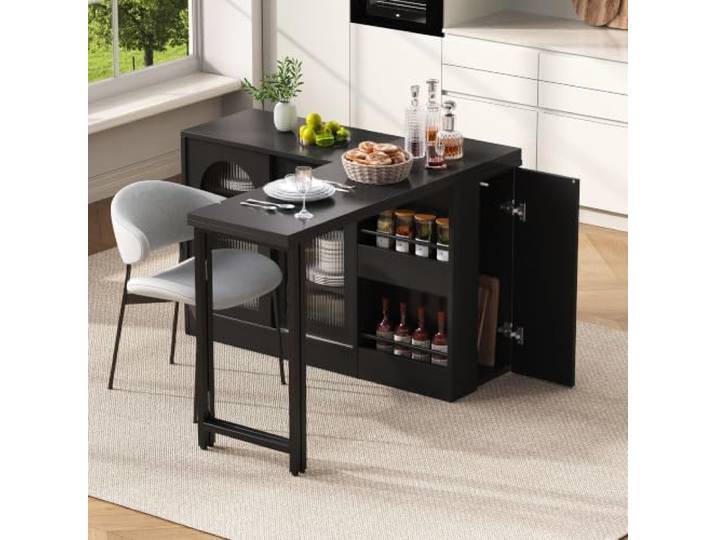 Mobile Kücheninsel Bartisch Ausziehbar mit Glasschranktür, 121.5×40×76.7 cm 360° Drehbarer Tisch, Reversibles Sideboard, Glasschiebetür, Esstisch, Bar Möbel Schwarz