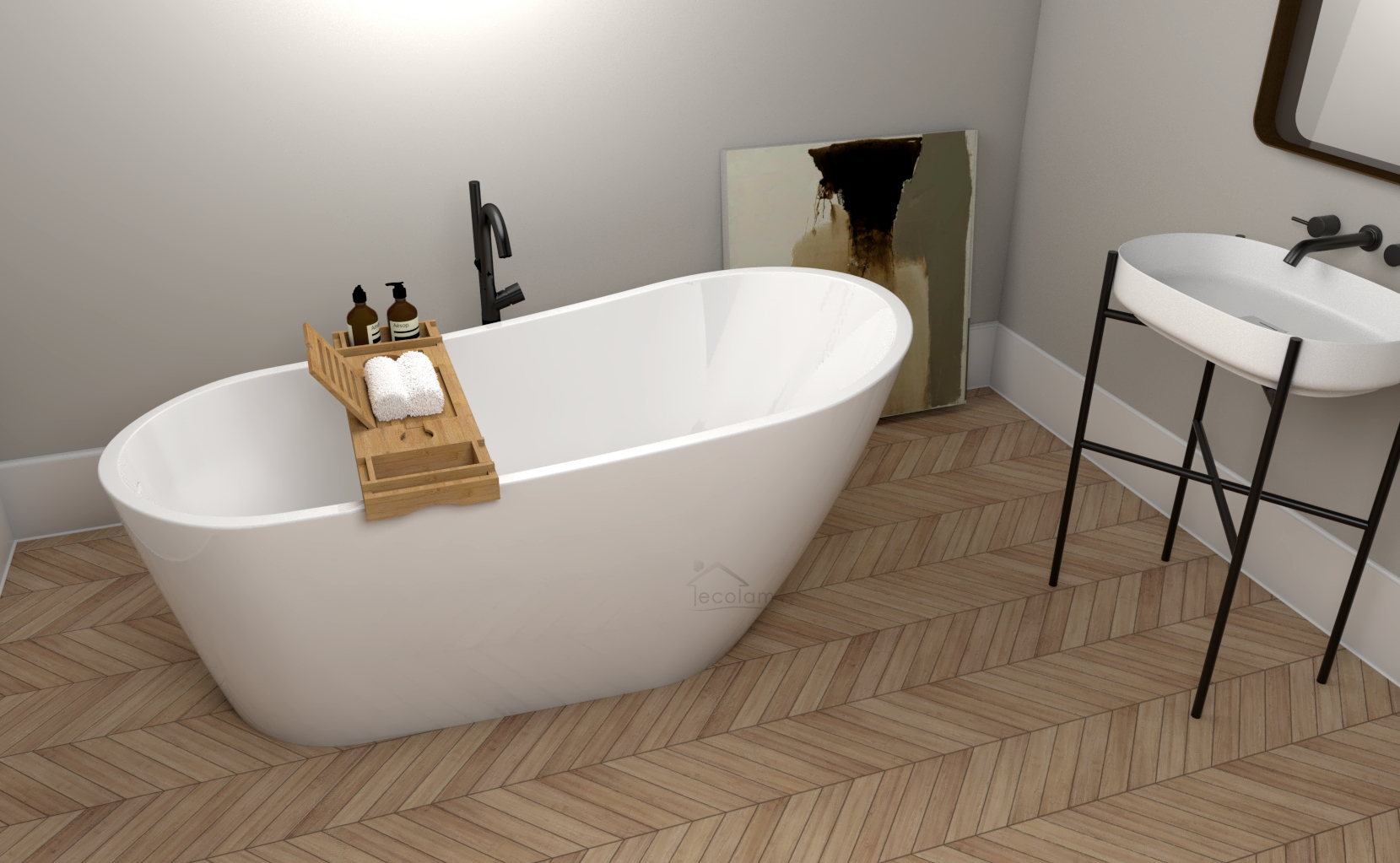 ECOLAM exklusive freistehende Badewanne Standbadewanne Wanne freistehend Elma 170x80 cm + Bambus Ablage + Ablaufgarnitur Click Clack weiß