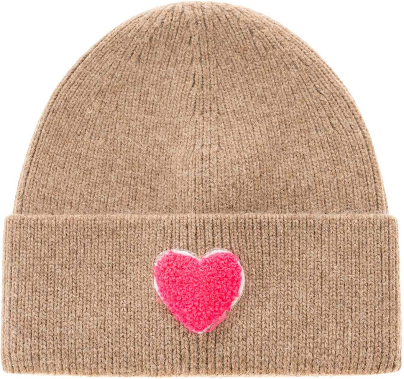 Beanie ZWILLINGSHERZ "Heart Patch", Damen, beige (taupe), Grobstrick, Materialmix, unifarben mit Farbeinsatz, Mützen Beanie, Grobstrick, Herzmotiv,Wollanteil, breiter Umschlag, wärmend taupe Einheitsgröße
