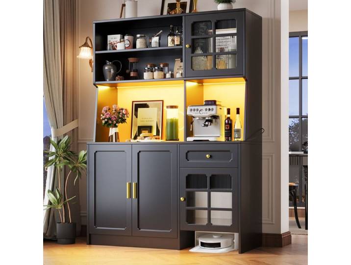 Buffet de cuisine 130x45x180 cm avec LED portes en verre tiroirs et niche ouverte MDF noir
