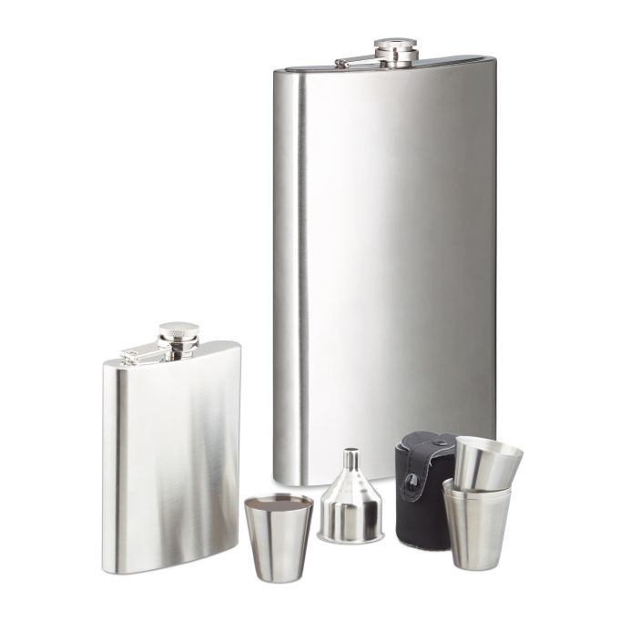Relaxdays 8-delige heupfles-set in zilver en zwart met 1,8 l heupfles