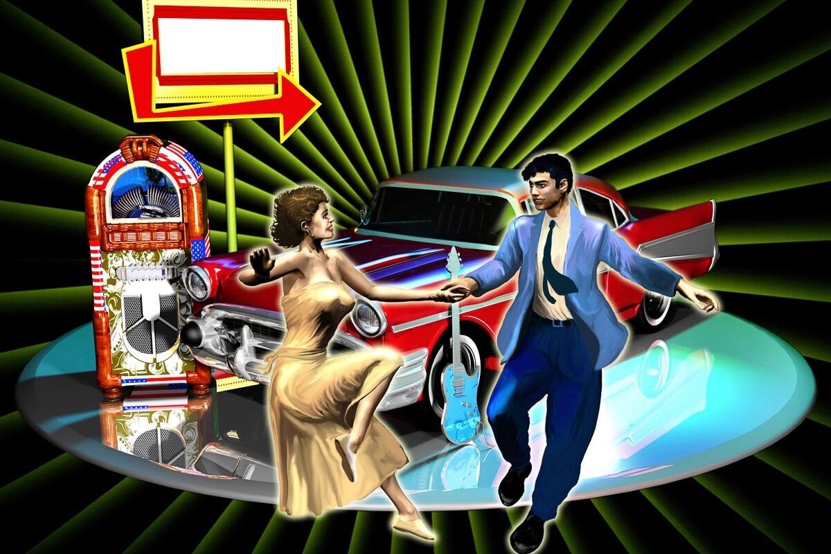 Fototapete PAPERMOON "Mann und Frau tanzen vor Auto", bunt, B:2m L:1,49m, Vlies, Tapeten, Fototapete bunt B/L: 2m x 1,49m, Bahnen: 4 Stk.