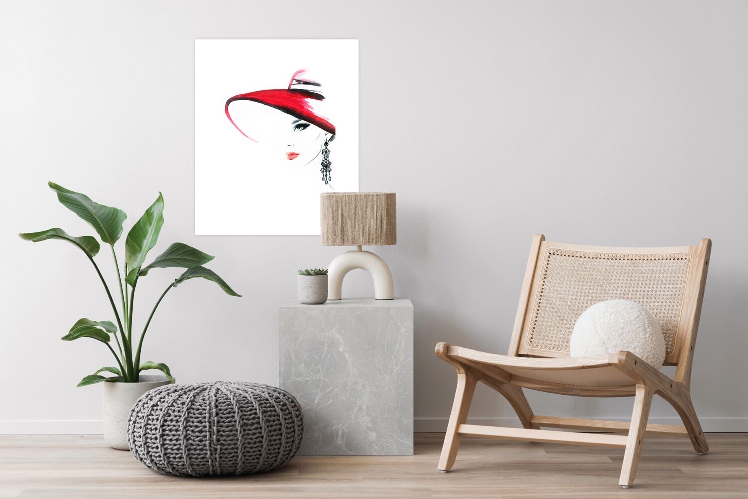 Poster GOODPRODUCT "Frau mit Hut und Ohrring", rot (farbe bild(er): rot), B:30cm H:40cm T:0,2cm, Papier, Bilder, Poster, HD Premium Druck farbe bild(er): rot B/H/T: 30cm x 40cm x 0,2cm, Bilder von Frauen Fashion Frau Magazincover Mode Modebilder Hochforma