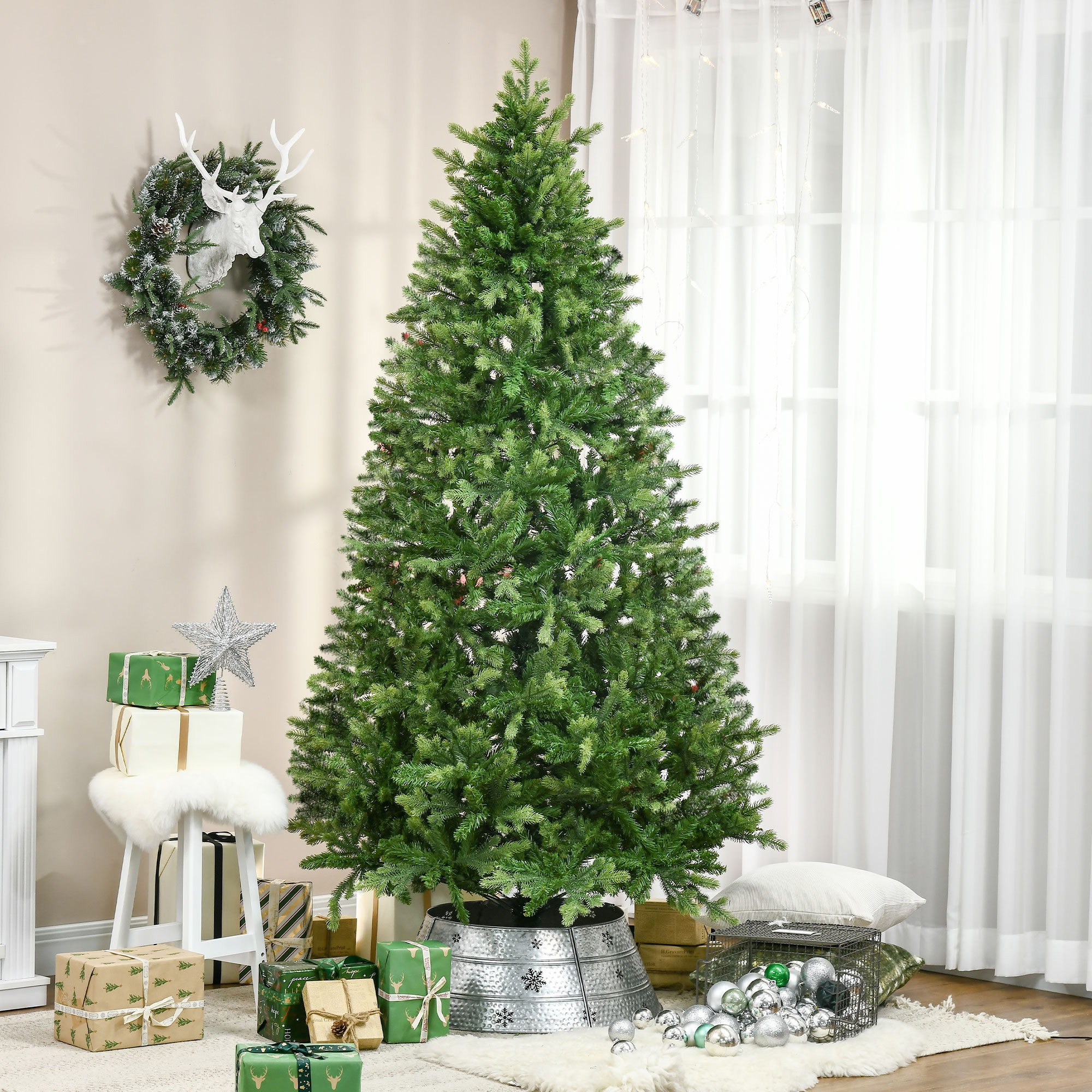 Homcom 228cm Albero di Natale Artificiale e Ignifugo per Interni con 2056 Rami da rami veri e Base in Metallo, Design a sezioni, Verde   Aosom Italy