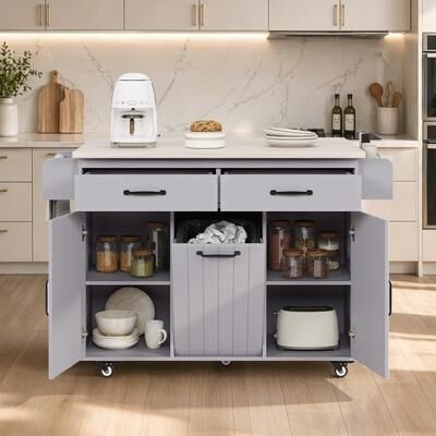 "51"" Rolling Kitchen Island with Trash Can Cabinet and Drawer"