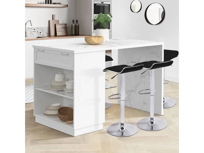 IDMARKET Ilot central mange-debout 4 personnes VITO 130 cm blanc et plateau marbre ALASKA