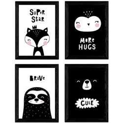 POSTER Set mit 4 Bär, faul, Eule und Fuchs Tieren A4 Rahmenlos