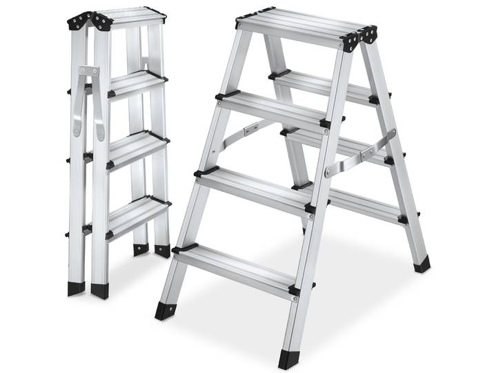 Doppelseitige Trittleiter Aluminium, klappbar, rutschfest - silber