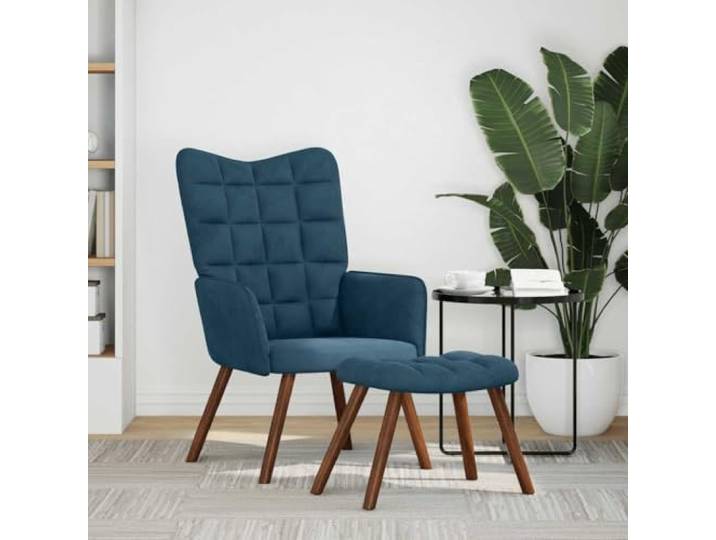 Relaxsessel mit Hocker Blau Samt Blauer Samtstoff, Holzfüße, Sperrholz-und-Metall-Gestell, gepolsterte Armlehnen, vielseitiger Hocker