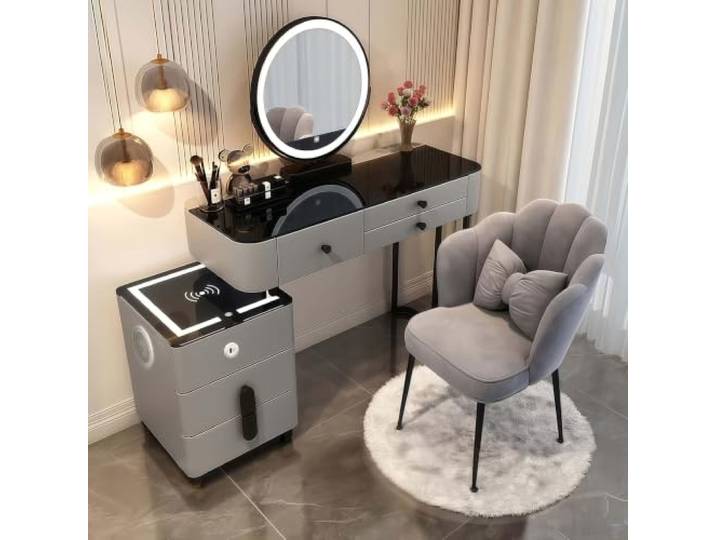 ANHFYS Schminktisch Set mit Spiegel, Glasplatte, Hocker, Grau, Vormontiert Modern Multifunktionaler Frisierkommode 3-in-1 mit 5 Schubladen für Schlafzimmer, Metallgestell, Einfach zu Montieren
