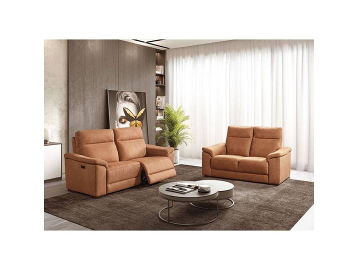 STANLEY - Canapé Relax Electrique 3 Places + Canapé 2 Places Fixe Tissu Cognac